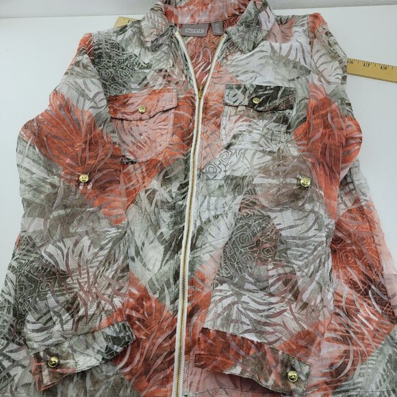 Chico's Jacket Women's 4 Peach Tan Floral Semi Sheer Zip up Roll Tab Pockets - Picture 10 of 13